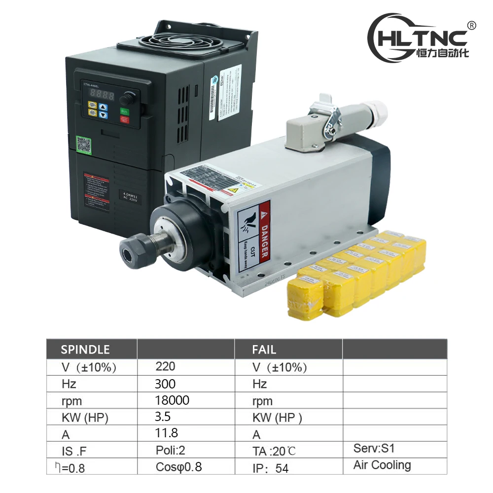 HLTNC alta velocidad GDZ93 * 82 18000rpm refrigerado por aire 3.5kw ER25 300HZ Motor de husillo de fresado de Metal con VFD 4KW para enrutador Cnc