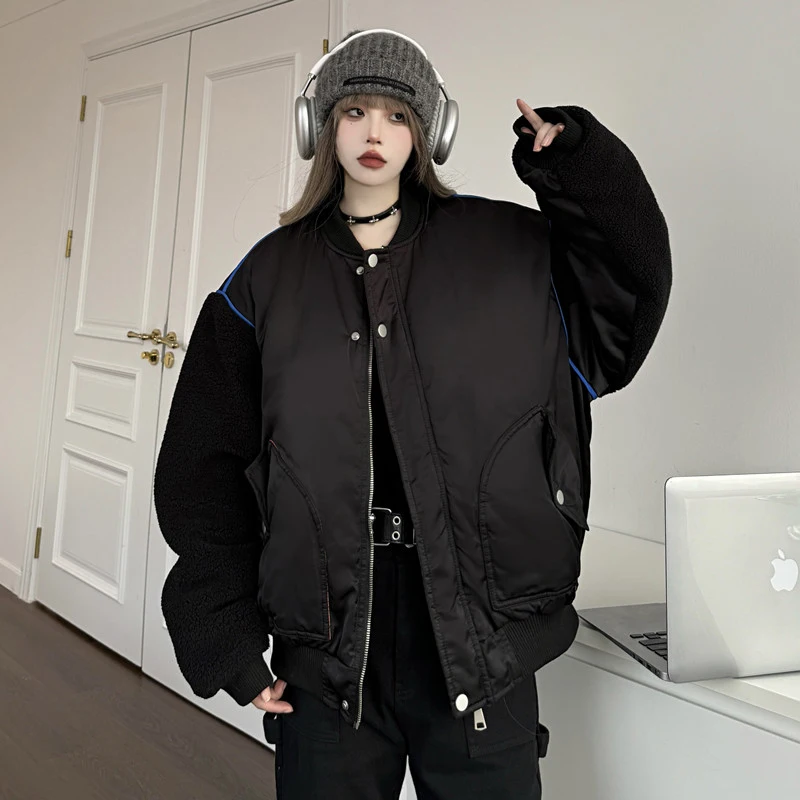 MEXZT Vintage Parkas Women Lamb Wool Patchwork Down Coats Streetwear Bomber Puffer Jacket Winter Oversized Cotton Padded Outwear