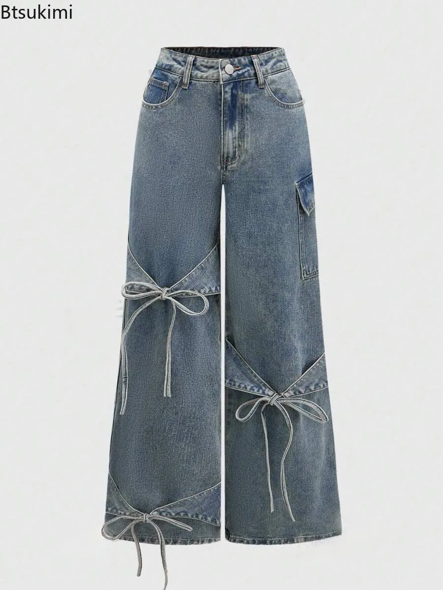 New 2026 Women's Fashion Blue Bow Baggy Y2k Cargo Jeans Harajuku Oversize Denim Pants for Women Mid Waist Casual Female Trousers
