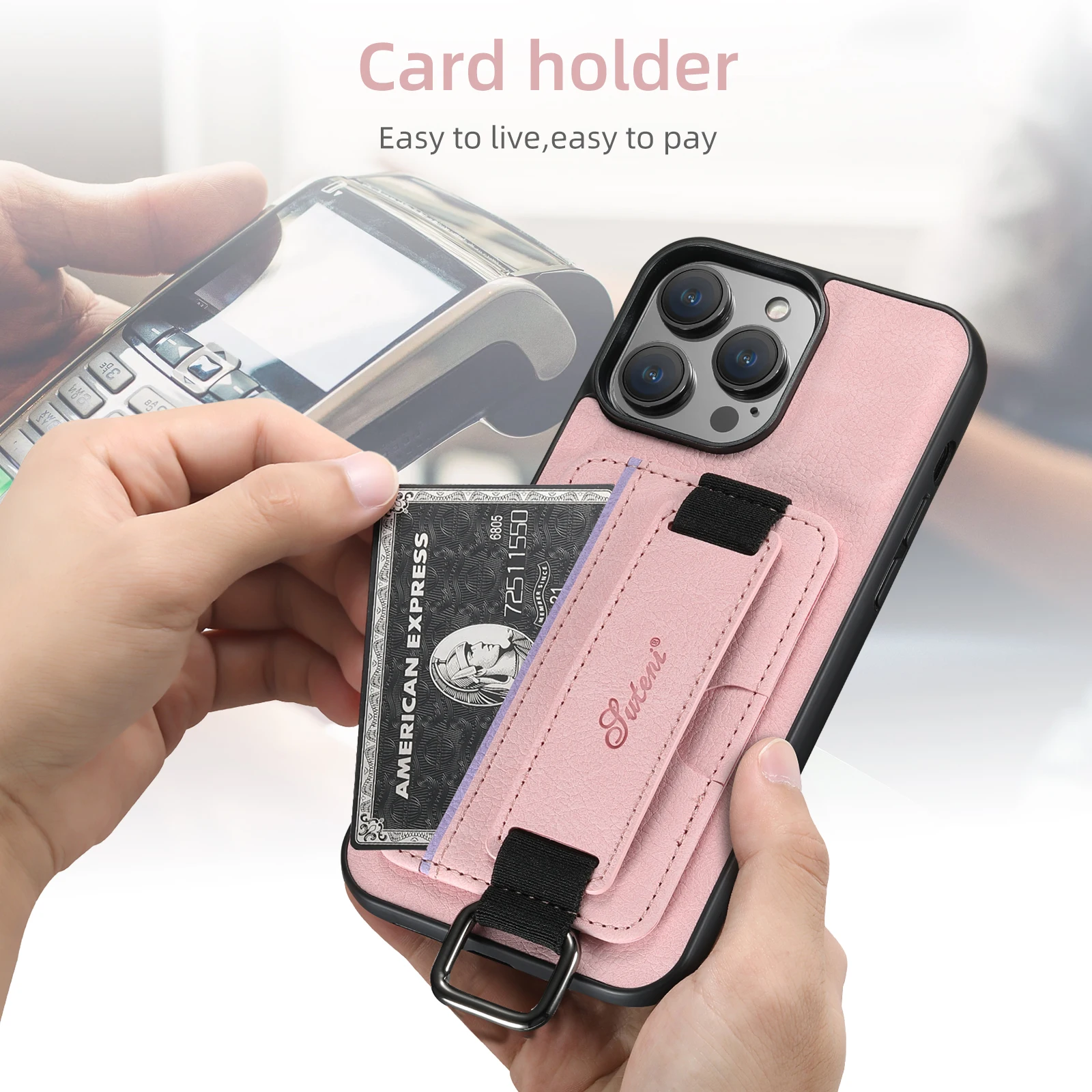 SUTENI Lychee-Haut-Print Handgelenkband Karten-Handyhülle Kartenhalter für iPhone 17 Pro Max 16 Plus 15 14 13 12 11 XR XS – Detail 12
