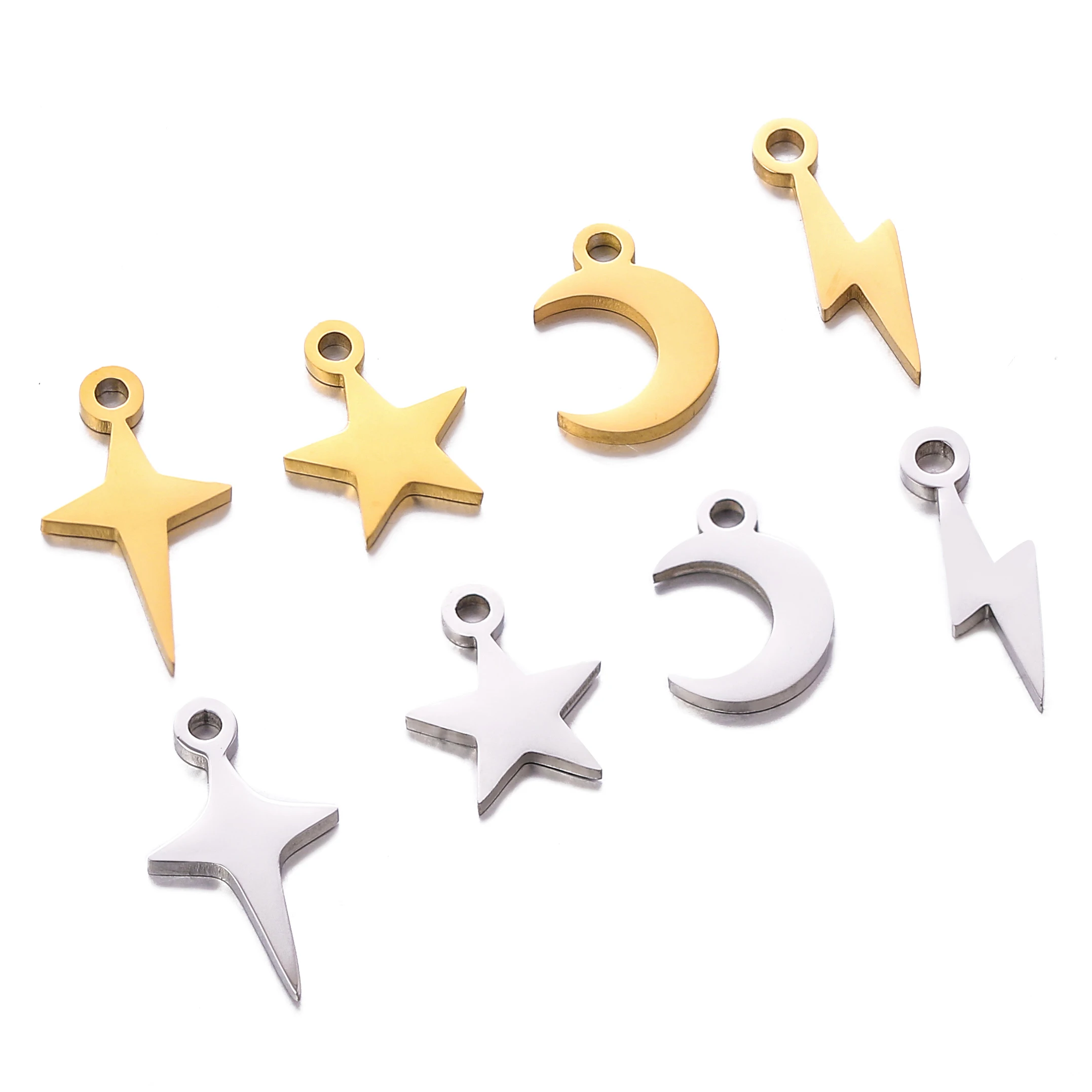 5pcs/Lot Stainless Steel Star Moon Shooting Stars Lightning Small Charms DIY Necklace Bracelet Earrings Jewelry Making Supplies