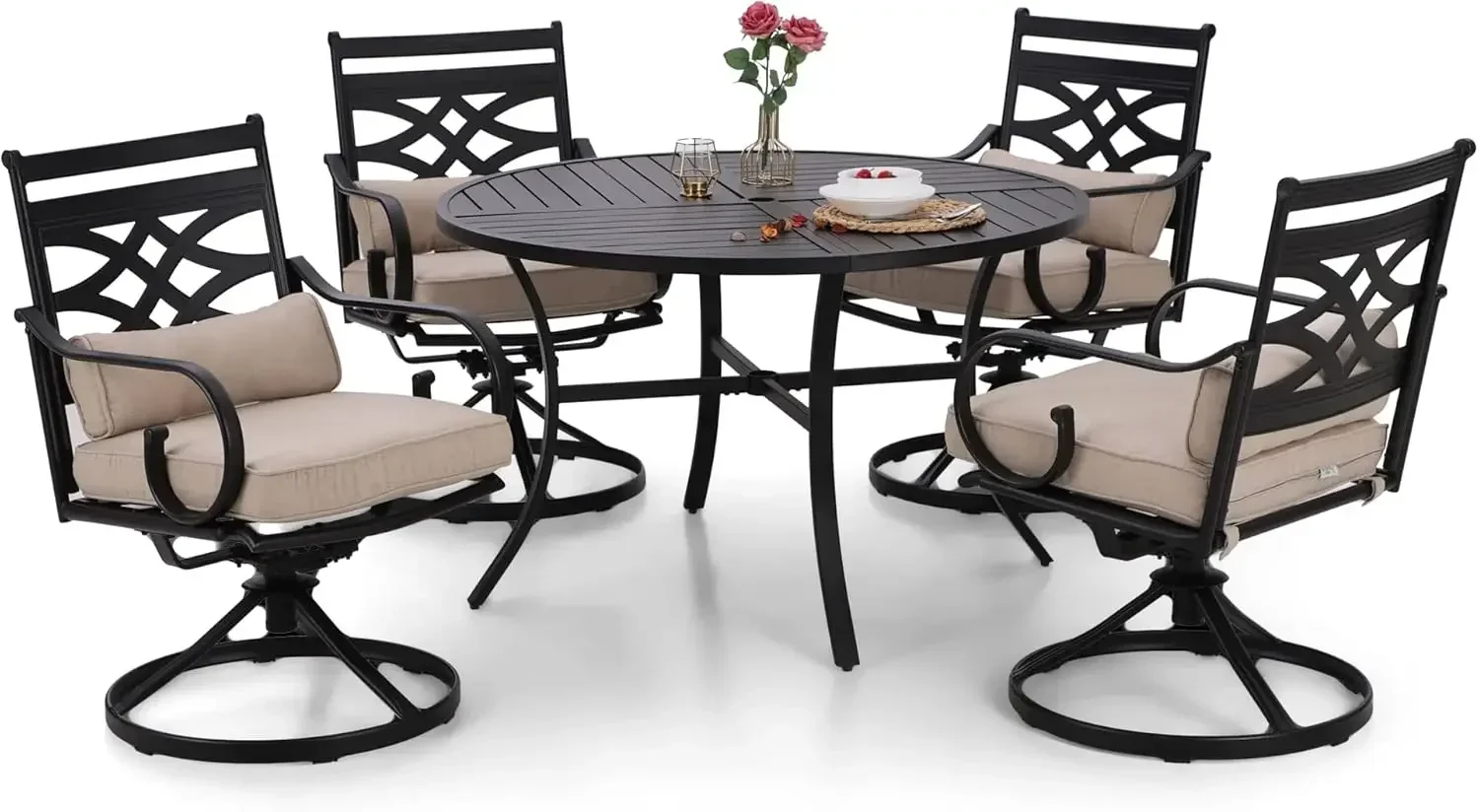 

Swivel Patio Dining Set for 4 | Outdoor Table and Chairs | Removable Seat Cushions | Black 42" Round Patio Dining Table