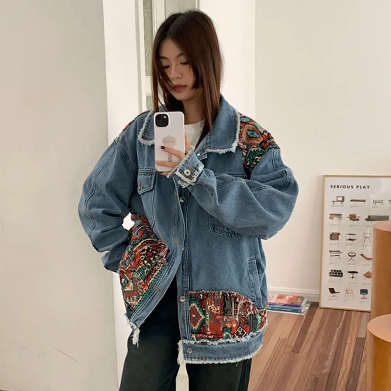 Spring Harajuku Vintage Ethnic Style Blue Short Denim Coat Women Contrast Color Patchwork Casual Lapel Long Sleeve Jeans Jacket