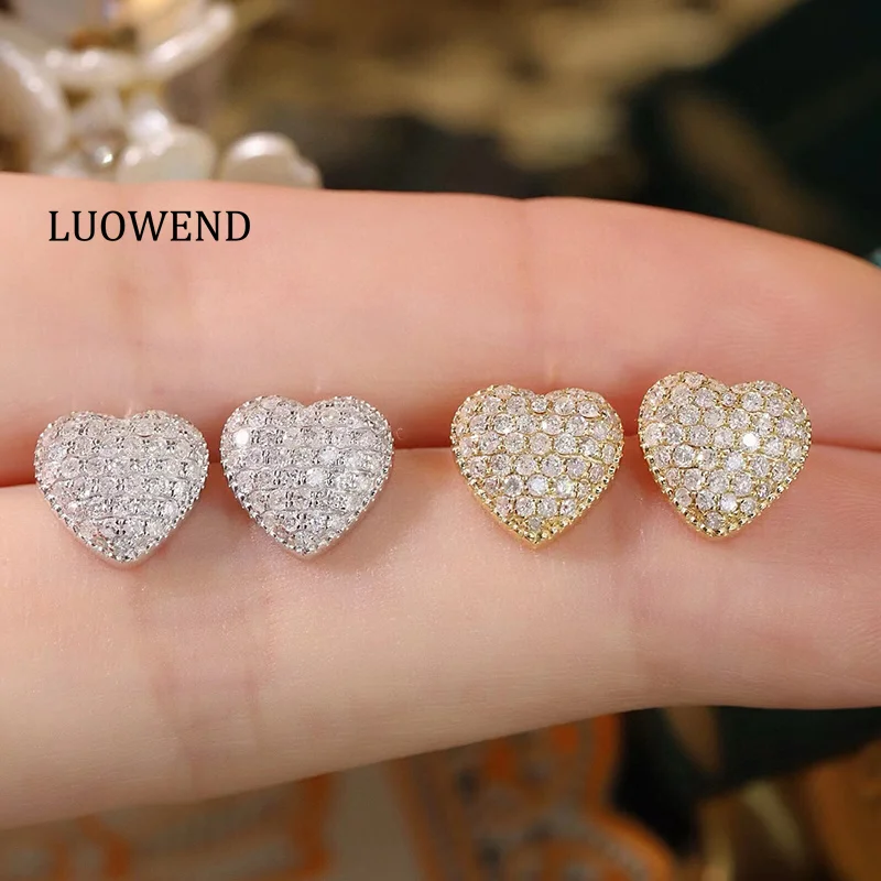 

LUOWEND 100% 18K White or Yellow Gold Earrings Women Romantic Heart Shape 0.56carat Real Natural Diamond Earrings Wedding Party