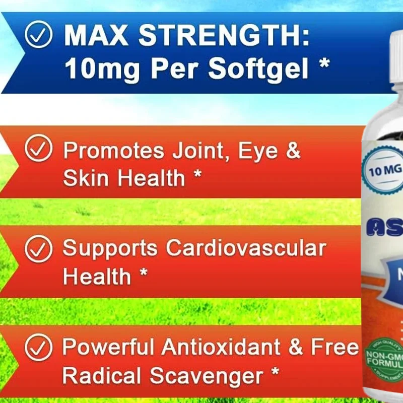 Natural Astaxanthin Pills of Rhodococcus Extract, Used for Pure Energy - Maximum Strength 10mg, 60 Soft Capsules