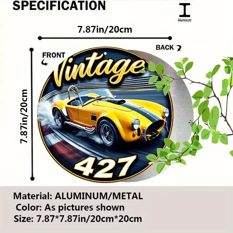2D Flat, 2D Flat Wall Art, Vintage Yellow Metal with Race  | 7.87inch Round Aluminum Sign | Bohemian Style | Vintage 427 Speedwa