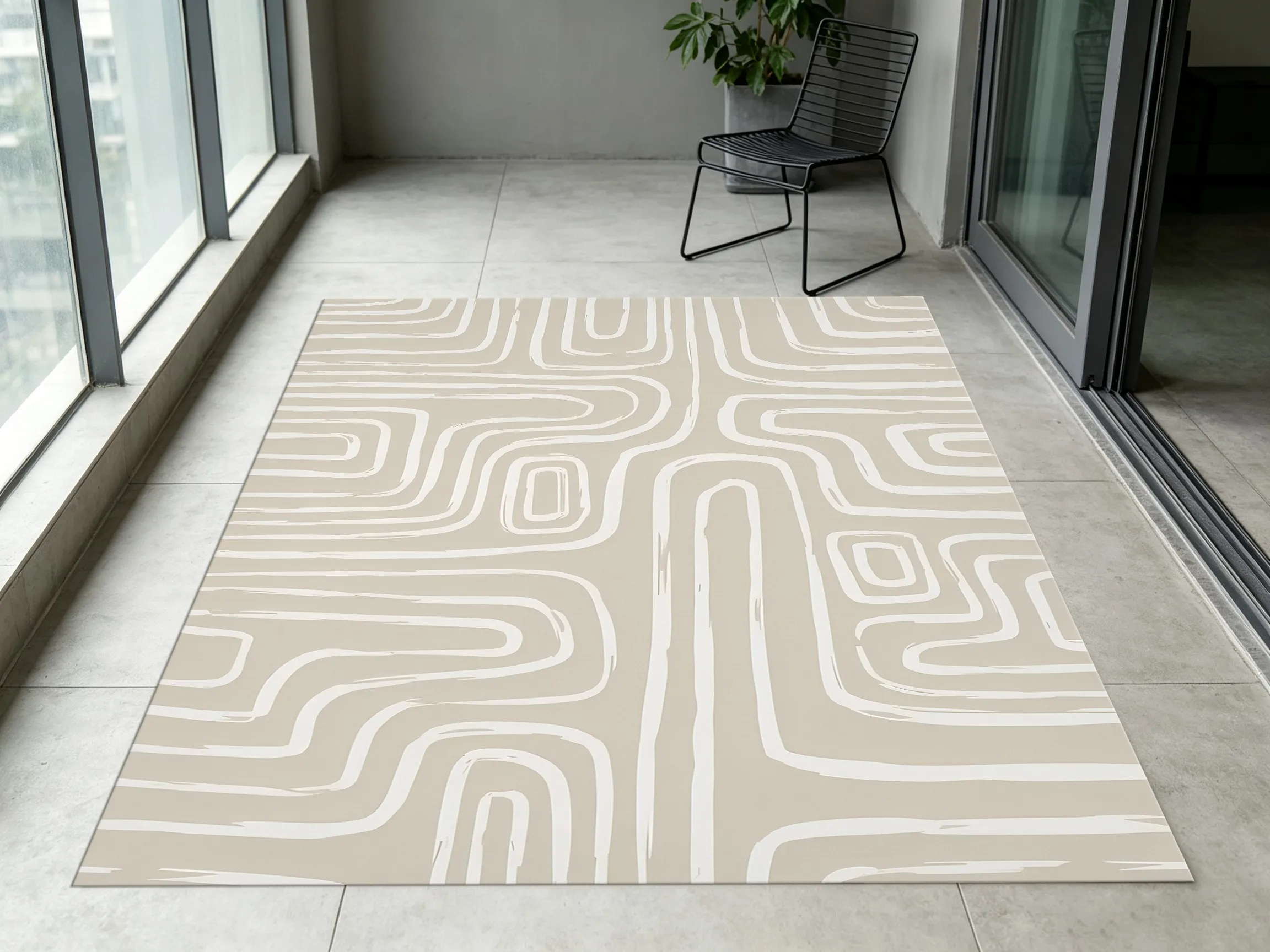 Khaki Creamy White Abstract Meander Velvet Rug, Soothing Sophisticated Decor for Living Room & Bedroom