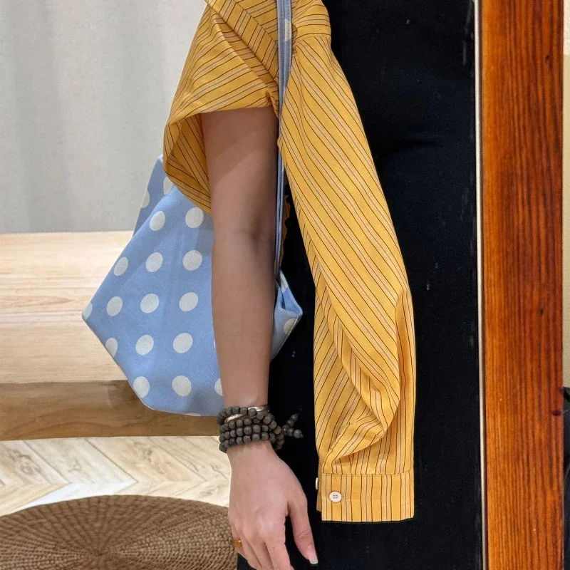 Koreanische Umhängetasche aus Denim-Canvas mit Polka Dots, leichte, lässige, stilvolle Alltagstasche für Damen, Colorblock-Handtasche für den Arbeitsweg – Detail 14