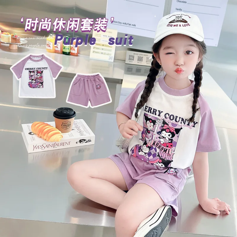 

Miniso Summer Kawaii Sanrio Anime Short Sleeve Shirt Pants Set Cute Cartoon Ins Children Two-piece Clothing Gifts for Kids