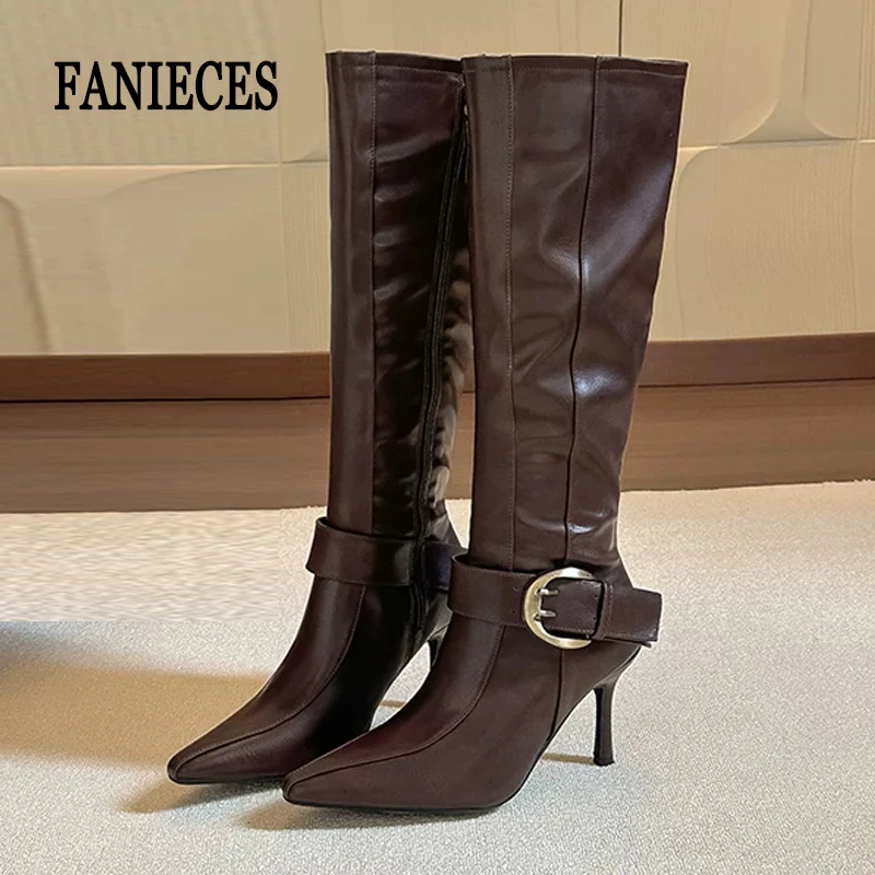 Women High-heeled Long Boots Brand Designer Brown Leather Retro Point Toe Side Zipper Metal Buckle Knee Botas Luxury Long Boots