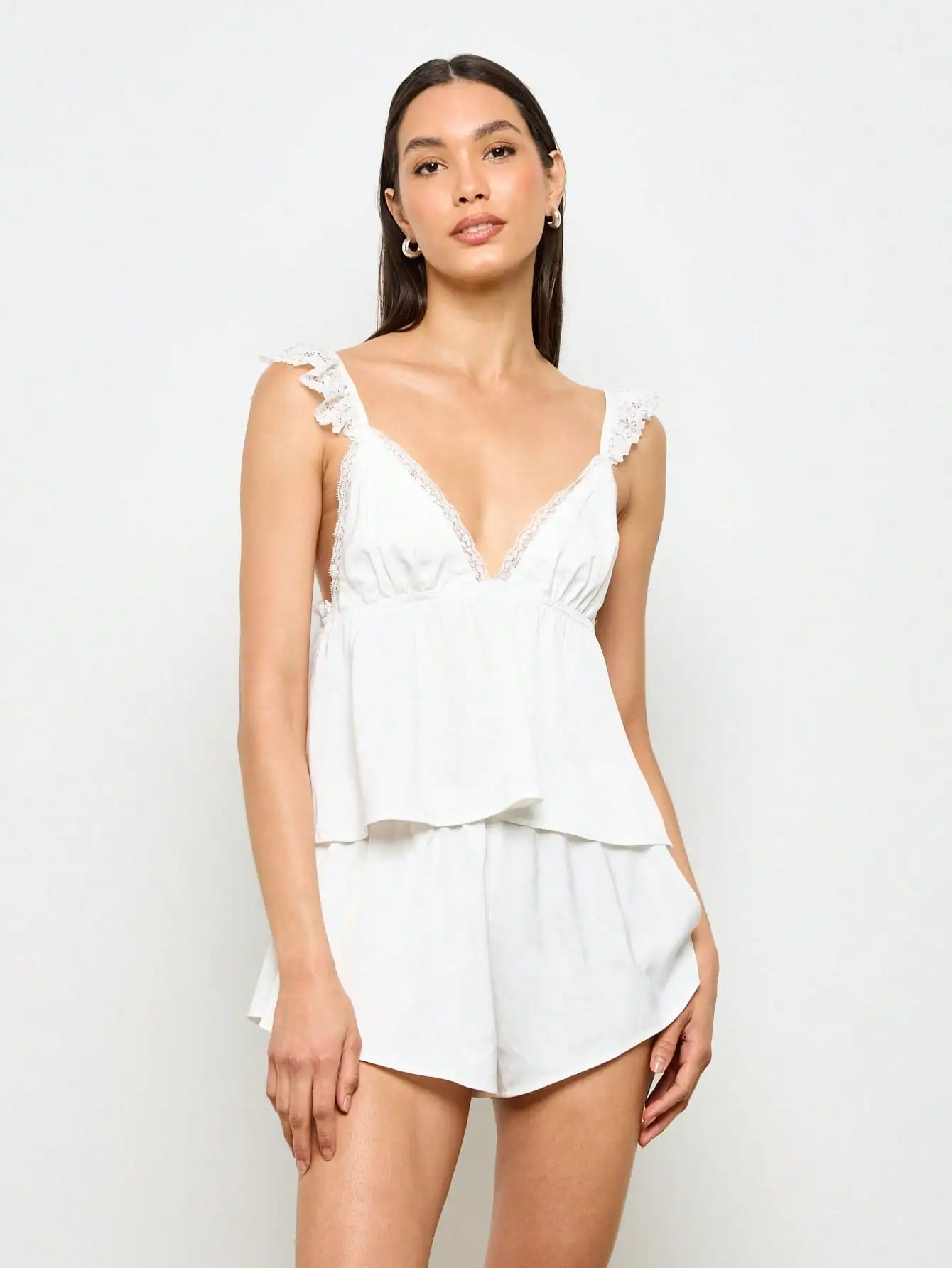 

White Lace Trim Cami Top and Shorts Pajama Set with Ruffle Shoulders