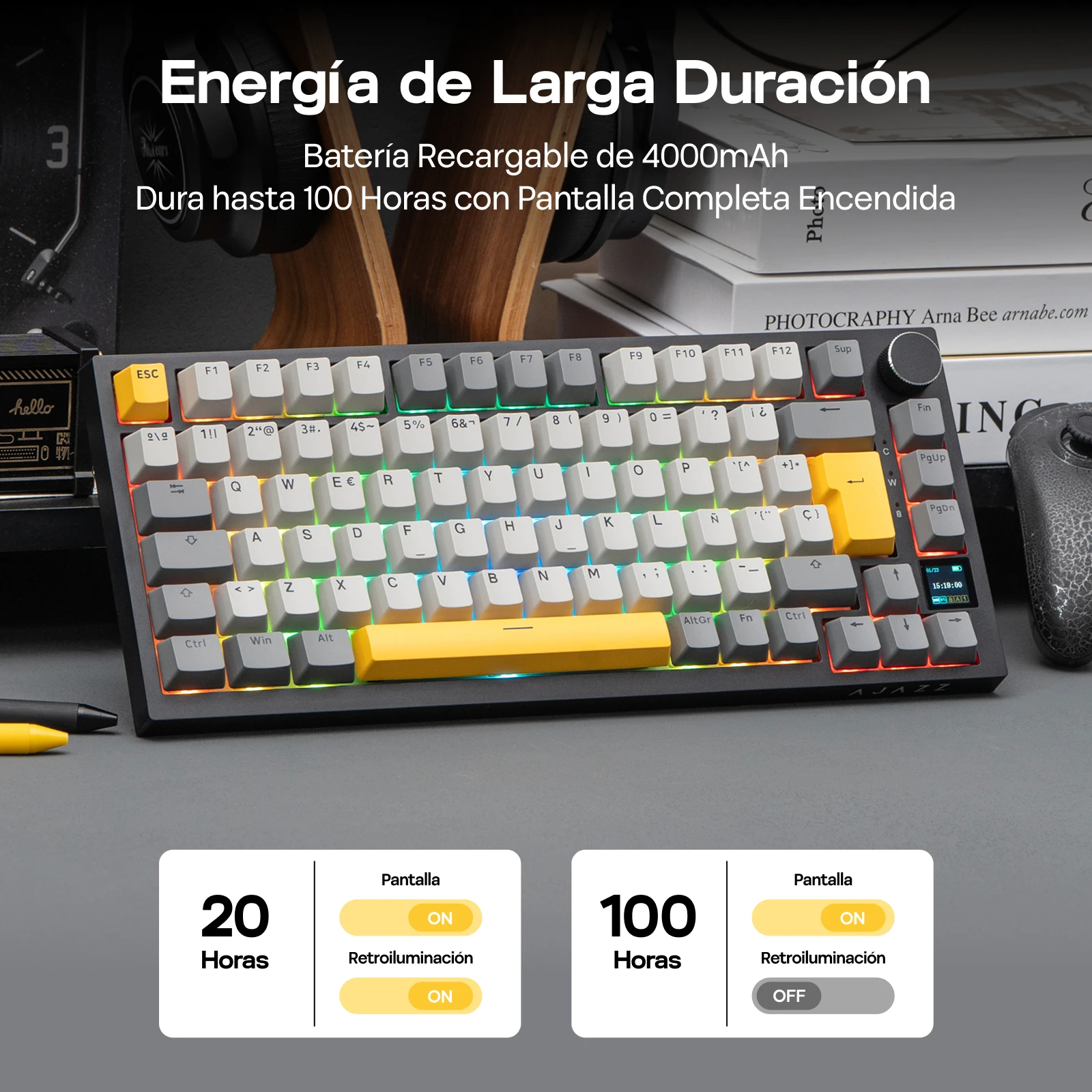 ISO-ES 레이아웃 EPOMAKER X AJAZZ AK820 PRO 75% 스페인어 레이아웃 유선/2.4GHz/BT 기계식 키보드 (스크린 및 노브 포함) PC/Mac용 썸네일 4