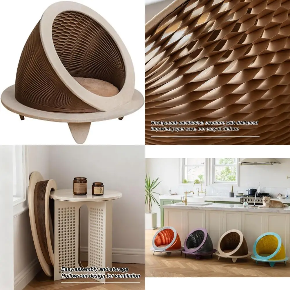 Elevated Breathable Cozy Cat Nest - Ventilated Dome Paper Bed with Wooden Frame and Plush Mat, Large Size for Comfortable Pet Re