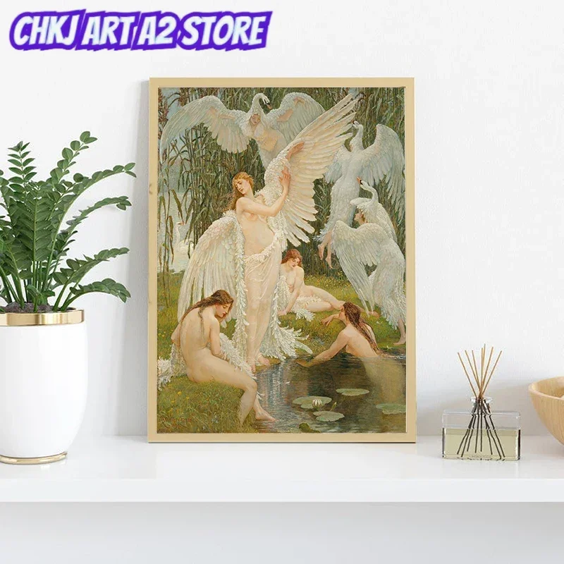 Frameless The Swan Maidens Painting Walter Crane English Painter Canvas Winged Women Angels Gallery Wall Art Pictures Decor