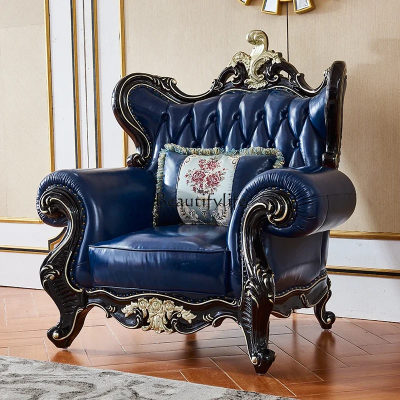 Ls51European Leather Sofa High-end Villa Living Room Solid Wood Carving Flower Luxury