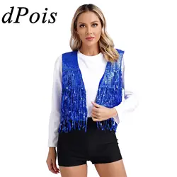 Womens Shiny Sequins Vest Glitter Tassel Sleeveless Waistcoat V Neck Open Front Vests for Jazz Dancing Music Festival Clubwear
