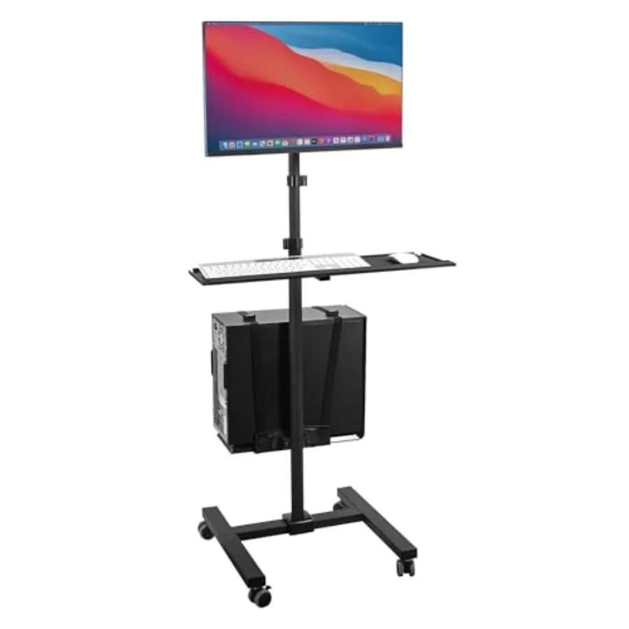 

Rolling Computer Cart on Wheels Mobile Desk Workstation with Monitor Mount for up to 32 Screen Full Keyboard Tray Floating Adju