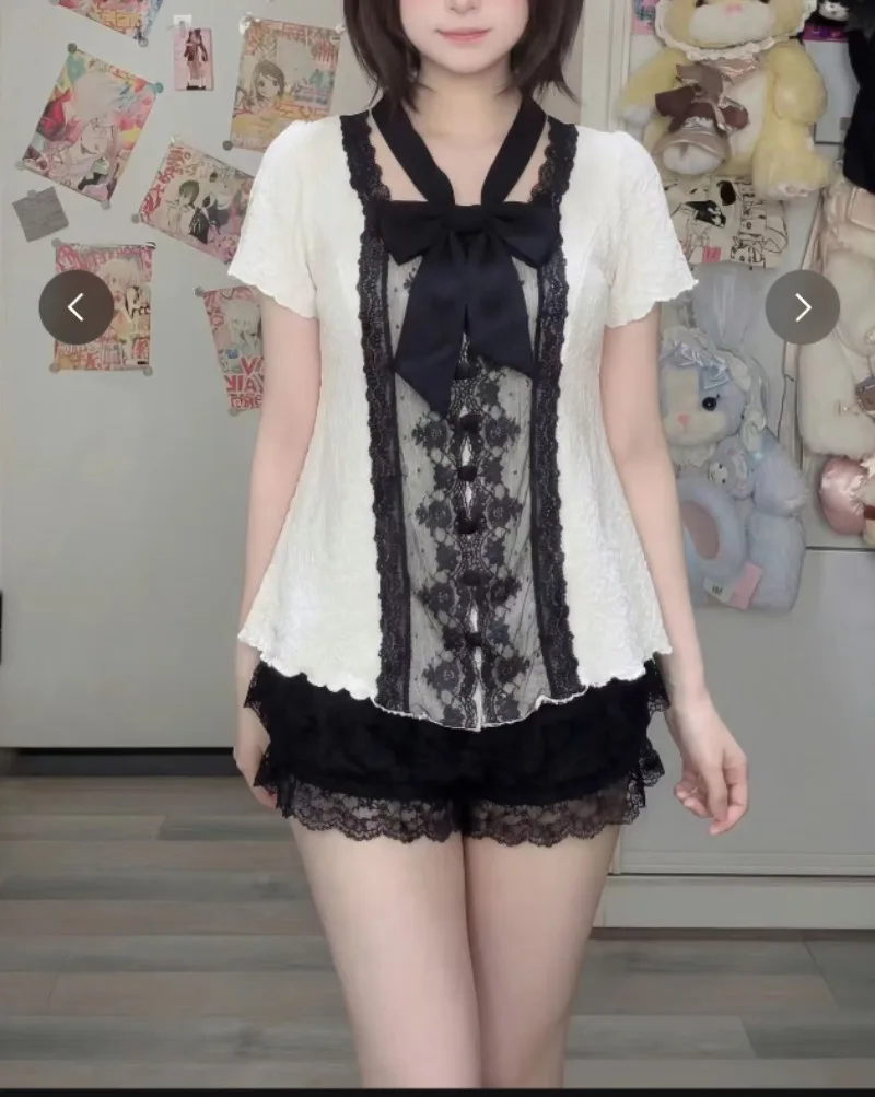 Japanese Style Summer Aesthetic Sweet 2 Piece Sets Women Black White Contrast Lace T-shirt Bow Y2K Top Lace Shorts Kawaii Outfit view 2