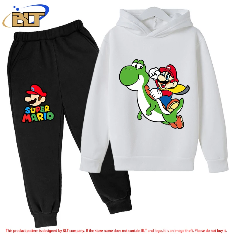 Mario children's fleece hoodie set white sports sweatshirt pants two-piece set suitable for boys and girls