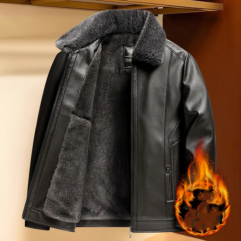

Winter Men Plush Leather Coat Thicken Fleece Windproof Warm Man Jacket Streetwear Turn Down Collar Long Sleeve Male Outerwear