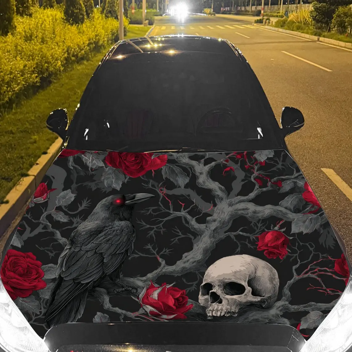 

Car Decals Skull with Red Roses and Ravens Car Hood Sticker, Waterproof Self - Adhesive Vinyl Graphics Decals, Decorative Protec