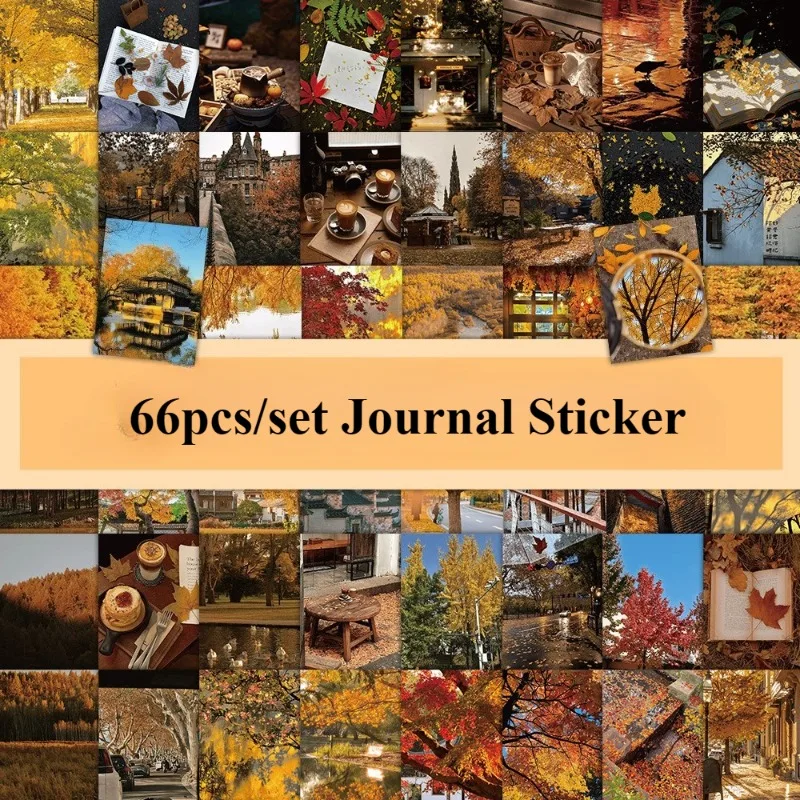 

66 листов глубоких осенних наклеек, эстетический осенний пейзаж с листьями, каракули, целебный стиль, наклейки для ведения журнала, скрапбукинга