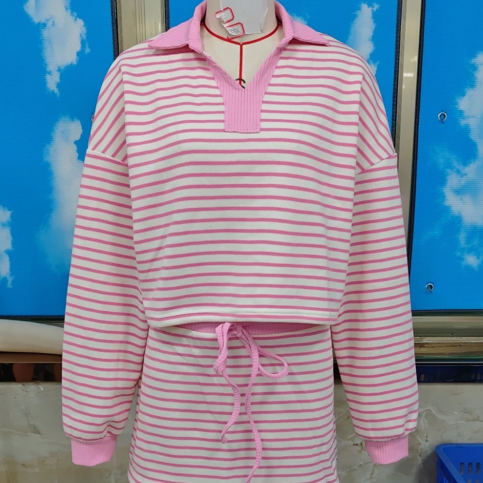 

2025 Casual Long Sleeve with Mini Skirts Dress Sets Women Striped Patchwork Autumn Matching Sets