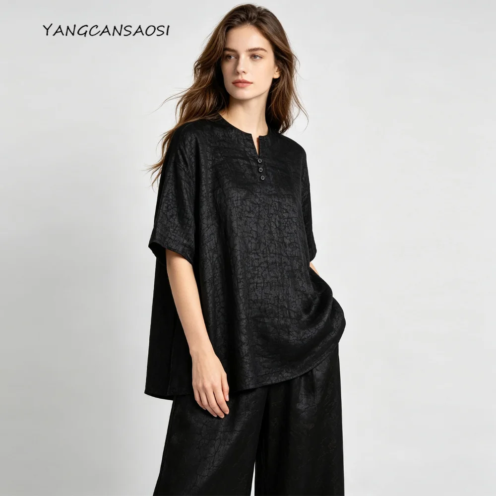 Advanced Women's Fashion New Black 100% Natural Mulberry Silk Fragrant Cloud Silk Turtle Crack V-neck Short Sleeved T-shirt