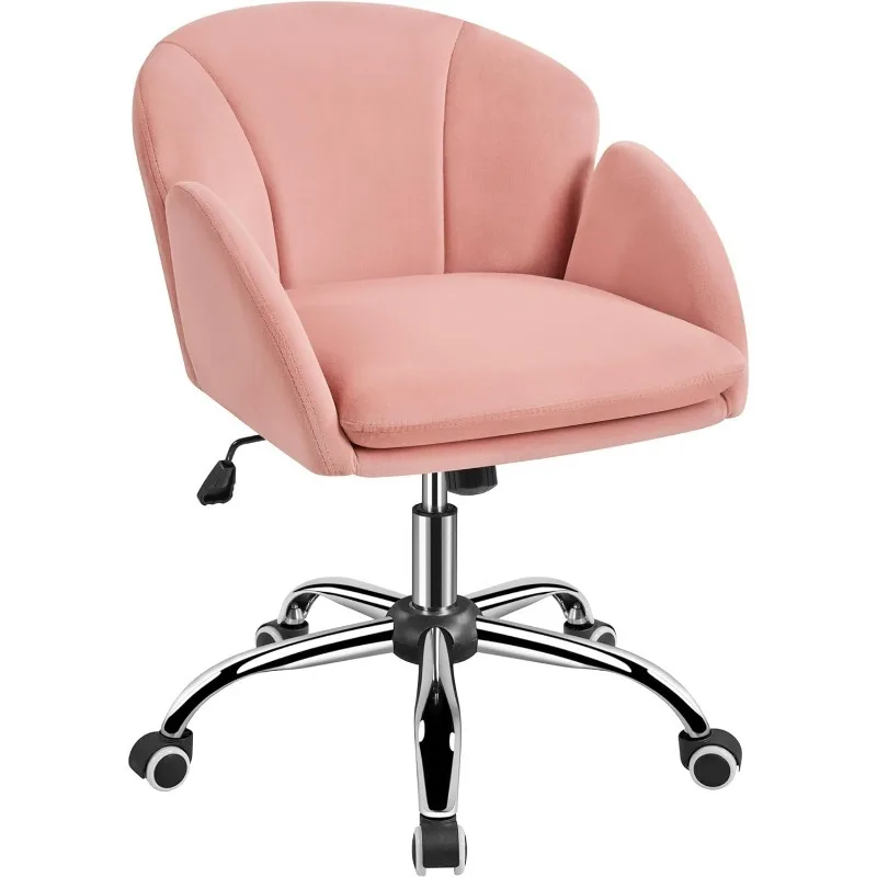 Cute Velvet Desk Chair for Home Office, Makeup Vanity Chairs with Armrests for Bedroom , Modern Swivel Rolling, Pink