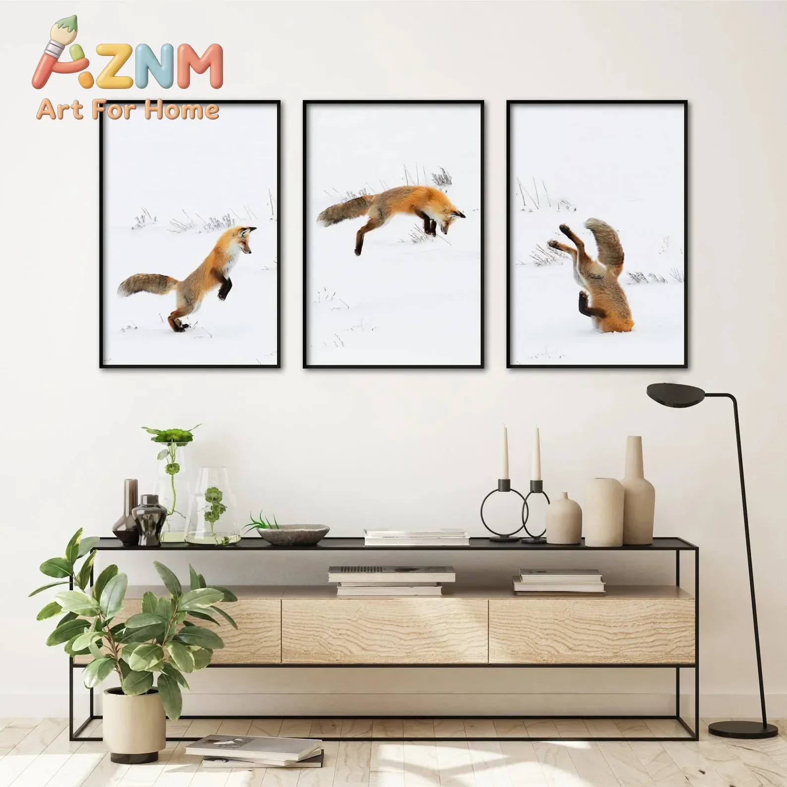 1pc frameless A set of three red fox prints a leaping fox canvas poster animal decorative paintings a snow fox hunting photo set