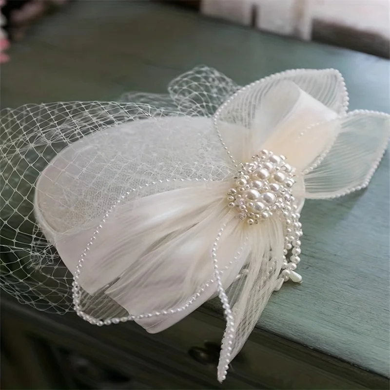 Abito da sposa da sposa copricapo Vintage elegante cappello a cilindro in rete femminile bianco fata Hanfu accessori per capelli Super Fairy Pearl Headdres