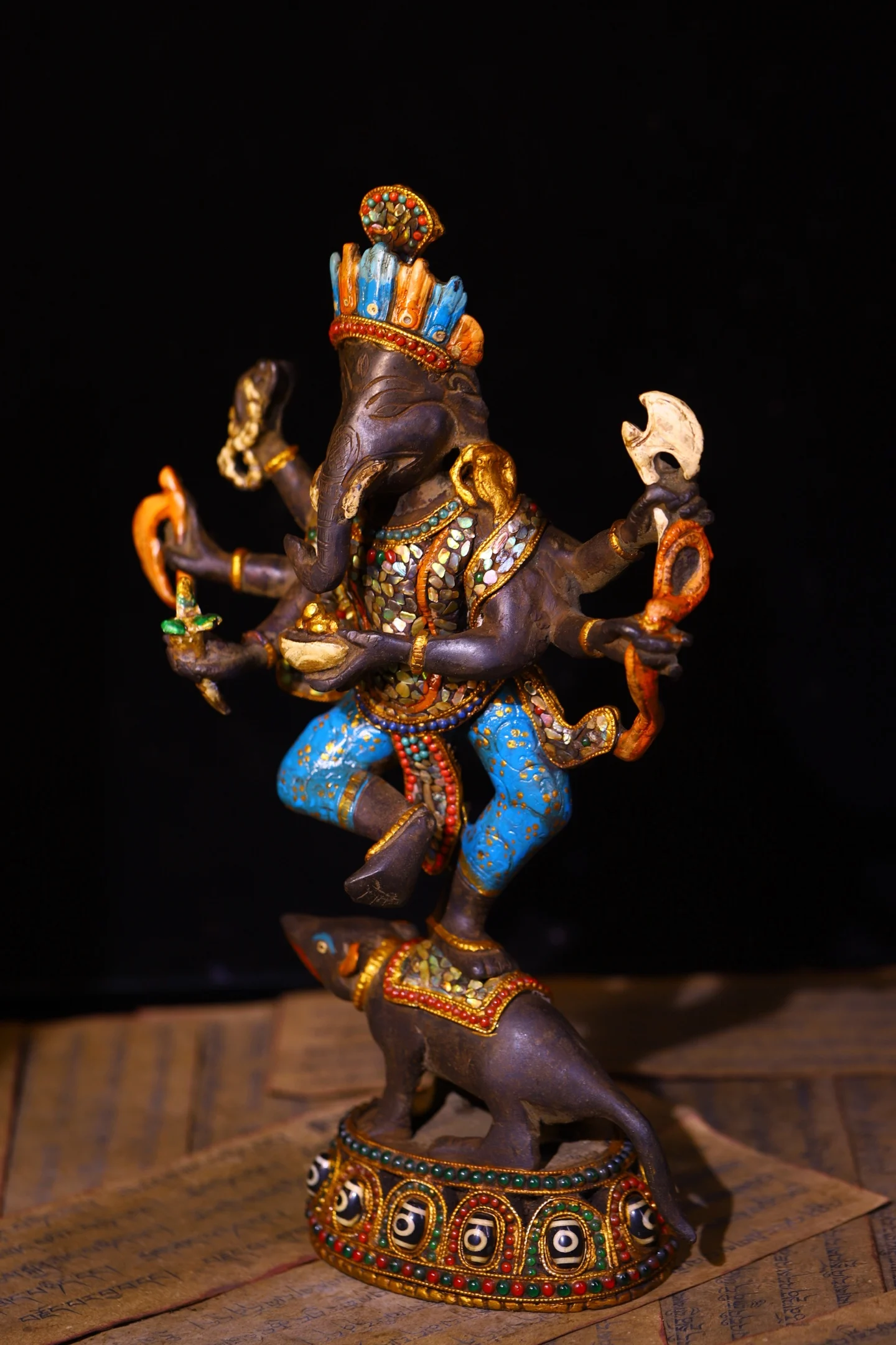 Lima Copper Bronze Painted Mosaic Gem gZi Beads Shell Six arm Ganesha standing Buddha mount Elephant Trunk God of Wealth