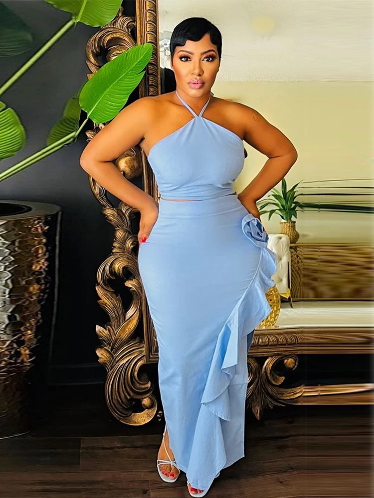 

Summer Two Piece Sets Woman Skinny Dress Suit Elegant Fashion Halter Backless Top and Long Skirt Sets Wholesale Dropshipping