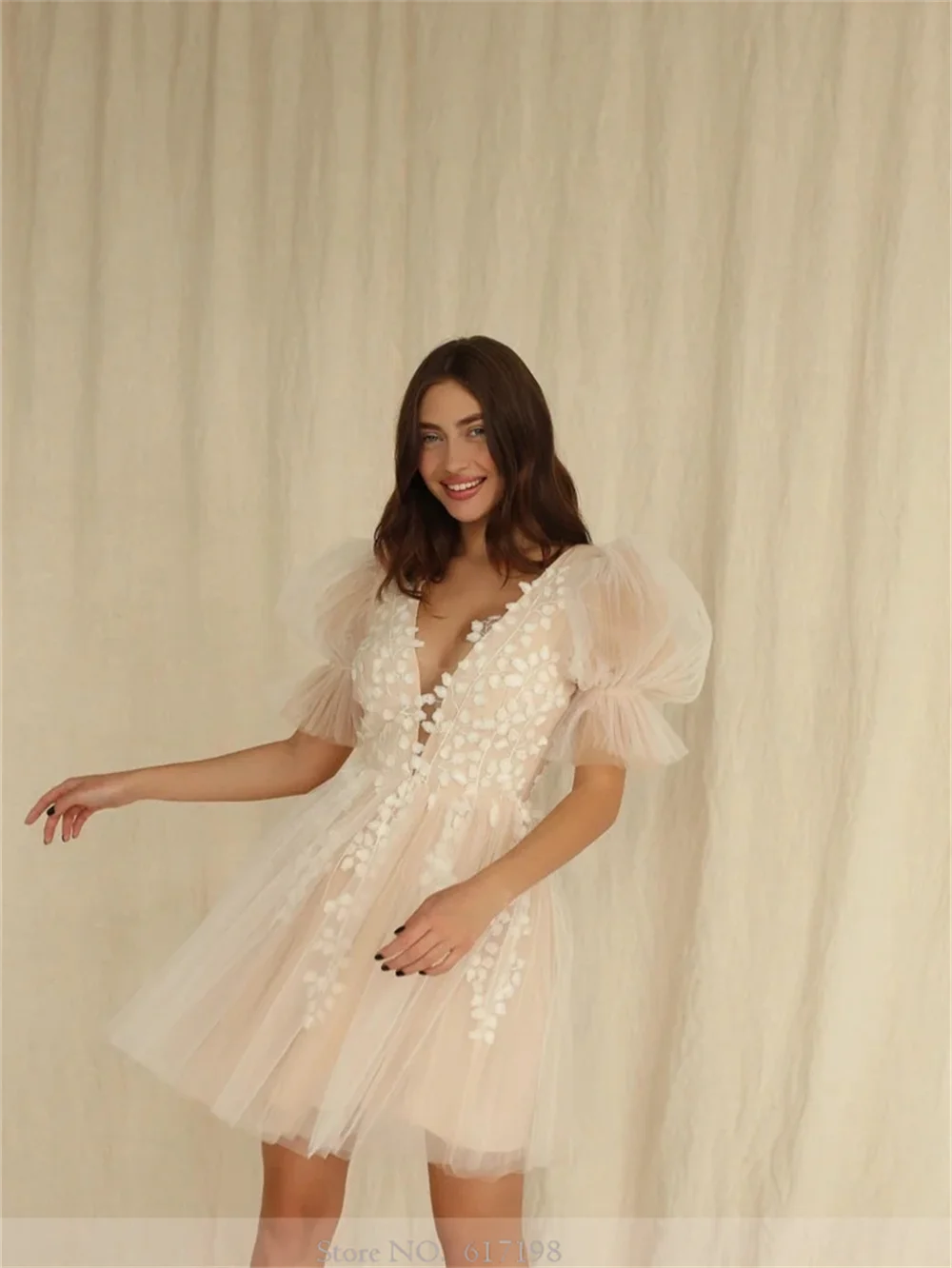 Robe de mariée à manches courtes en tulle de dentelle pour les patients, mini robe trapèze dos nu, robes de soirée élégantes