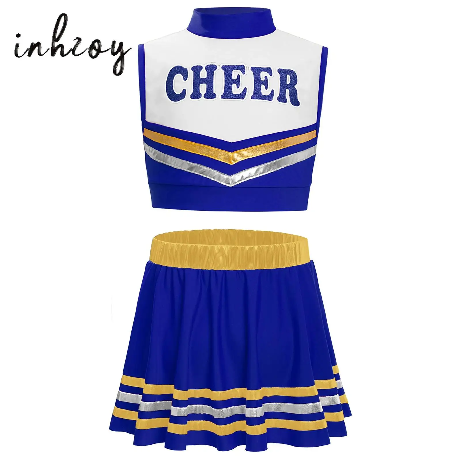 

Kids Girls Cheerleading Dance Costume Letters Printed Color Block Tank Crop Top+Metallic Striped Hem Skirt Stage Performance