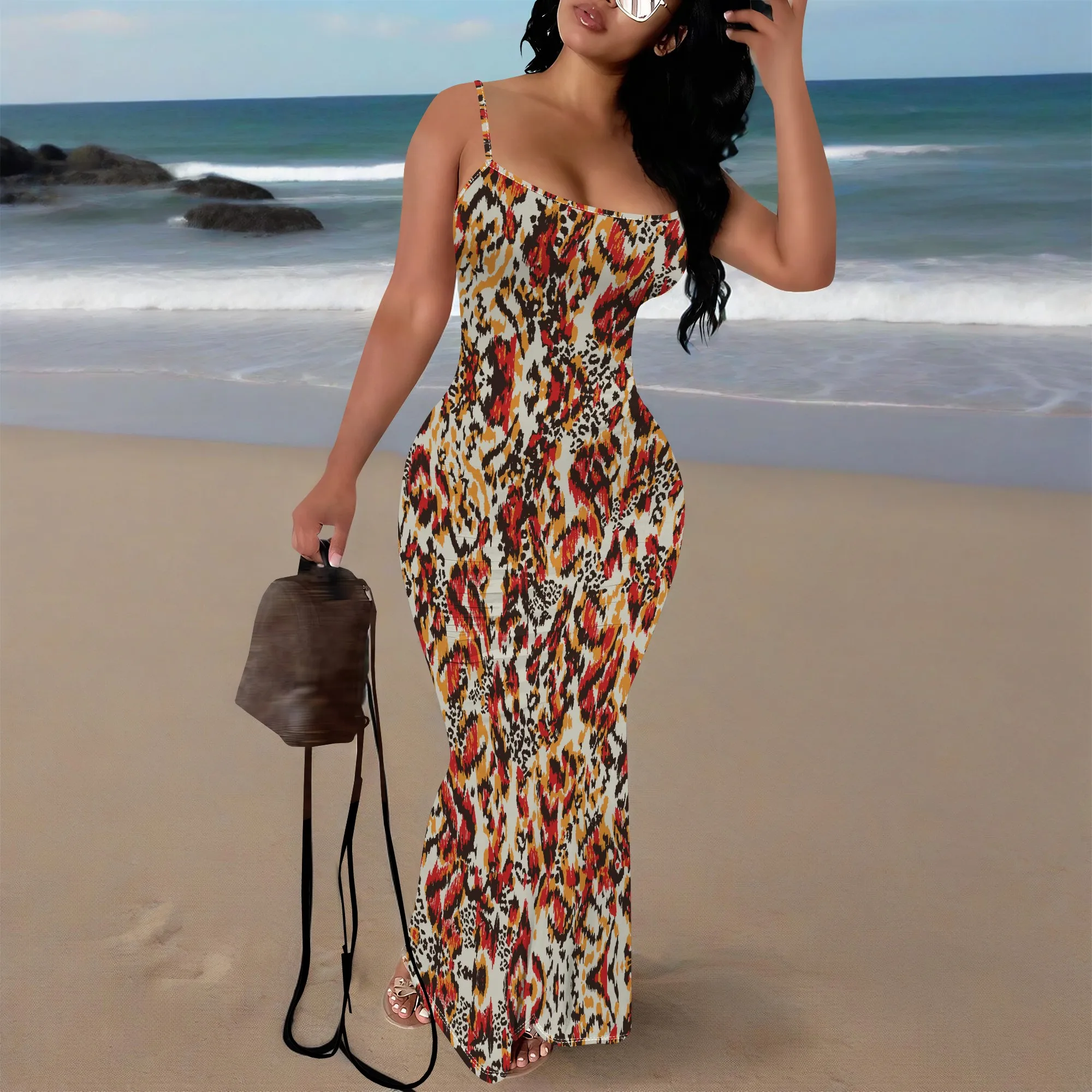 

Women's Leopard Print Maxi Dress Sexy Spaghetti Strap Bodycon Dress for Evening Party Vacation Wear 2025 Summer New Arrival