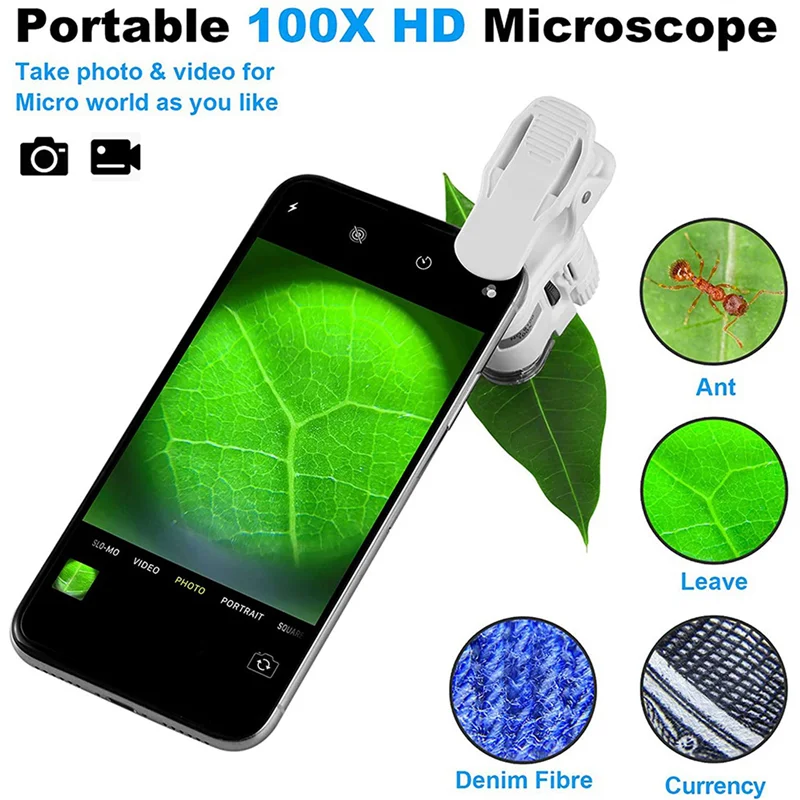 2X 100X Zoom Clip-On Microscope With LED Light, Portable Magnifier Loupe Pocket Magnifying Lens Glass