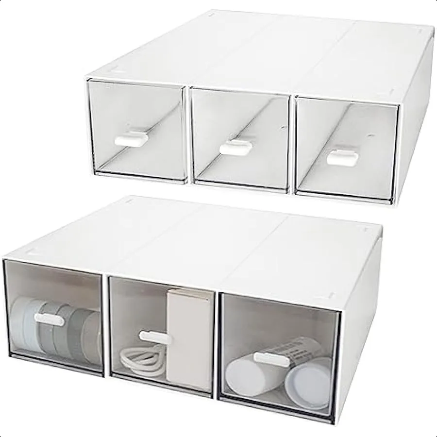 

2 Pack Desk Organizer Stackable Storage Drawers with 6 Compartments White Plastic Makeup Storage Desk Organizer and Accessories
