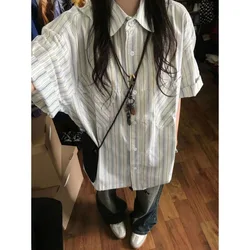 Xej Chiffon Bluse für Frauen japanisches Retro gestreiftes Kurzarmhemd für Frauen im Sommer Kurzarmhemd Tops y2k