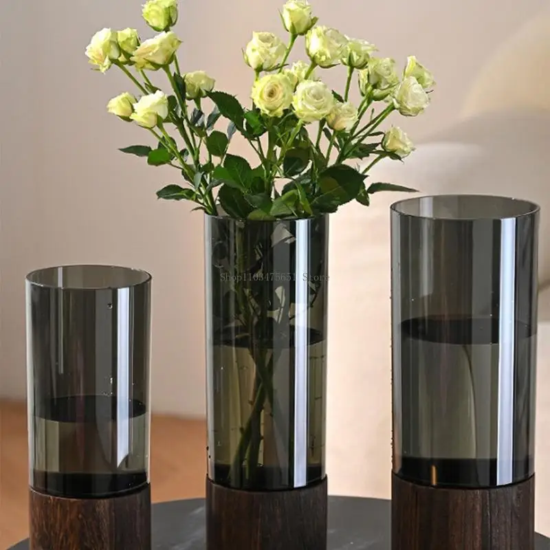 Quadratische/zylindrische Blumenvasen mit Holzsockel, künstlerische Acrylvasen, Vasen rustikalen Stil