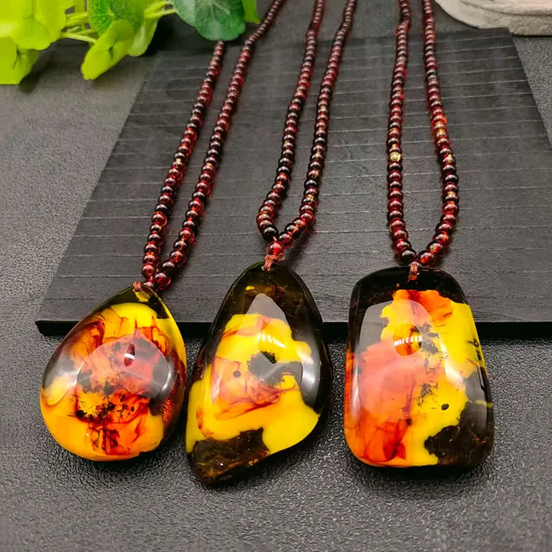 1Pcs Imitation Blood Insect Amber Raw Stone Long Sweater Necklace Water Drop Cloud Grain Plain Pendant Imitation Beeswax Jewelry