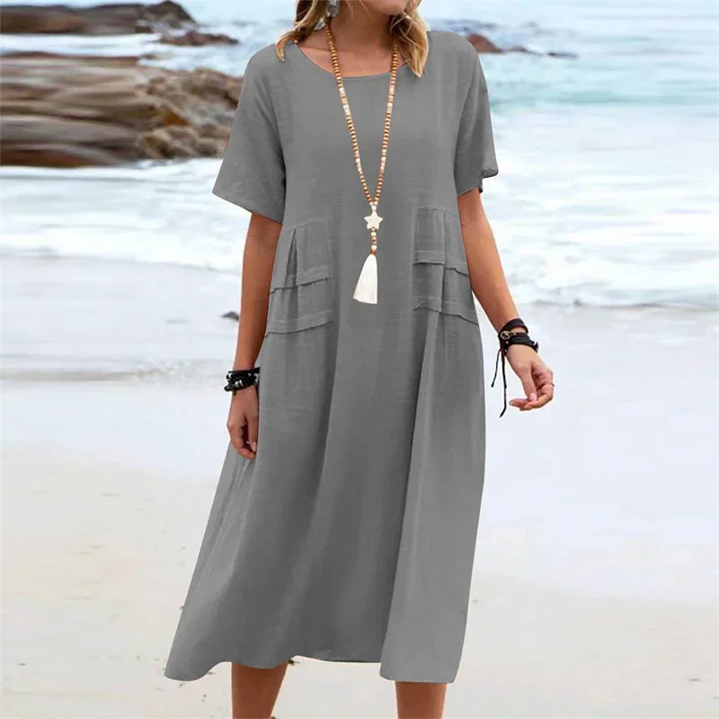 Summer Women Holiday Casual Comfortable Dresses O Neck Pullover Pleated Hem Dress Solid Color Cotton Linen Short Sleeve Gown New