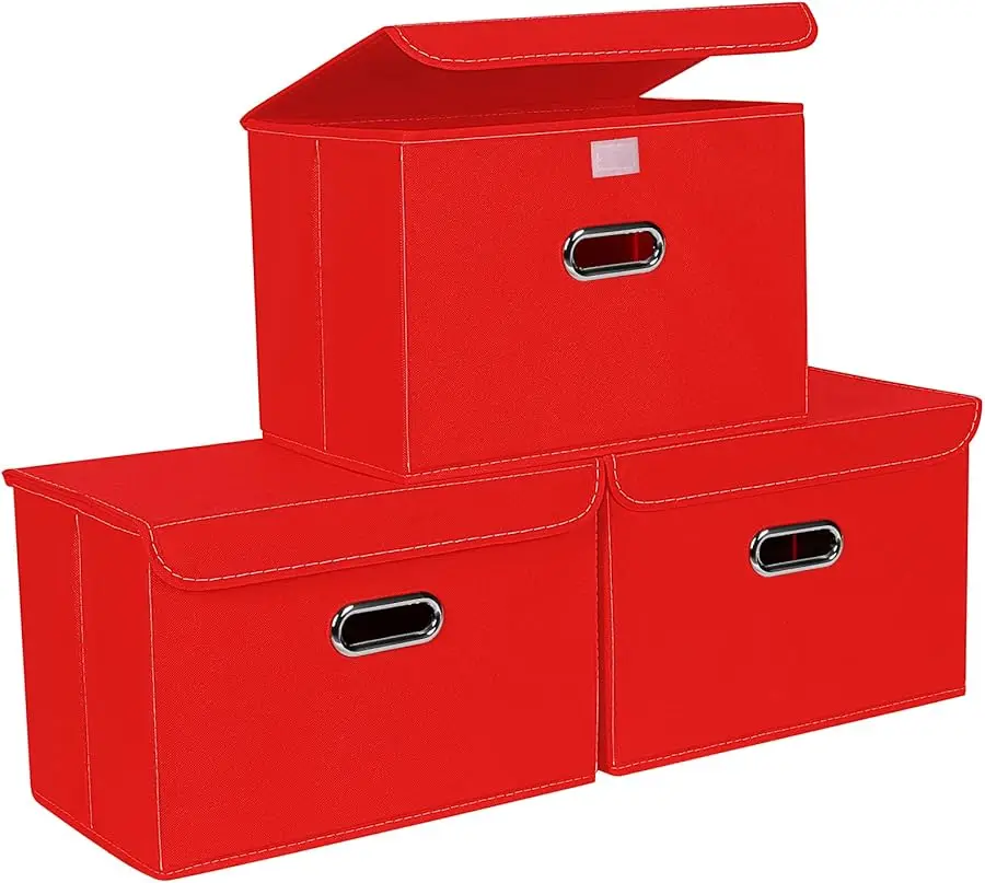 

Fabric Storage Cube Bins Foldable Organizer Container Collapsible Basket with Lids and Metal Handles, for Home, Bedroom, Closet