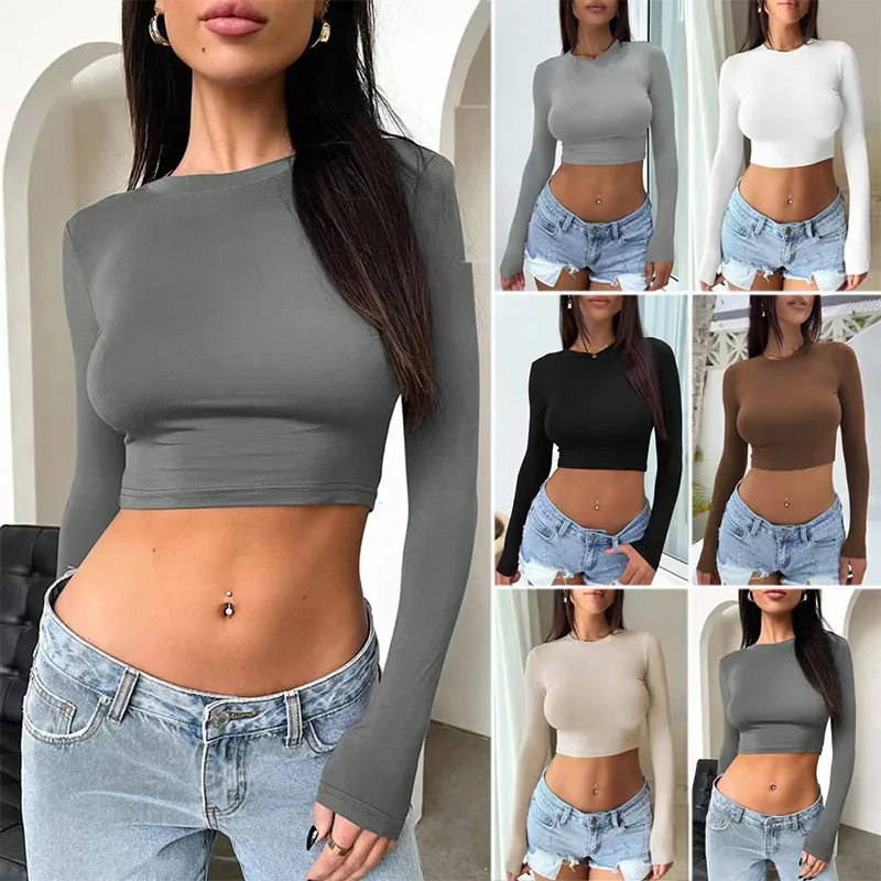 Women Solid Tshirt Autumn Stretch Casual Undershirt Female All-match Street Activity Crop Tops