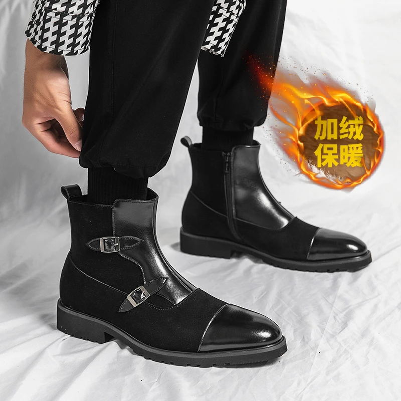 

Winter Extra Cotton Warm Men Italy Style Chelsea Boots Ankle Boots Luxury Leather Short Boots Business Boots Slip-on Black Boots