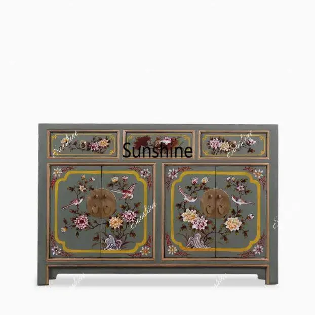 New Chinese-style painted furniture Solid wood antique hand-painted old entrance foyer cabinet