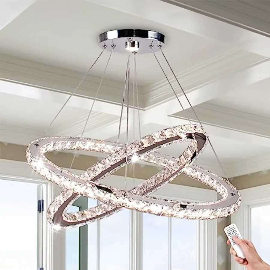 

Dimmable Crystal Chandelier for Kitchen Island Dining Room Bedroom, Modern 2 Ring Oval LED Pendant Light with Remote App Contro