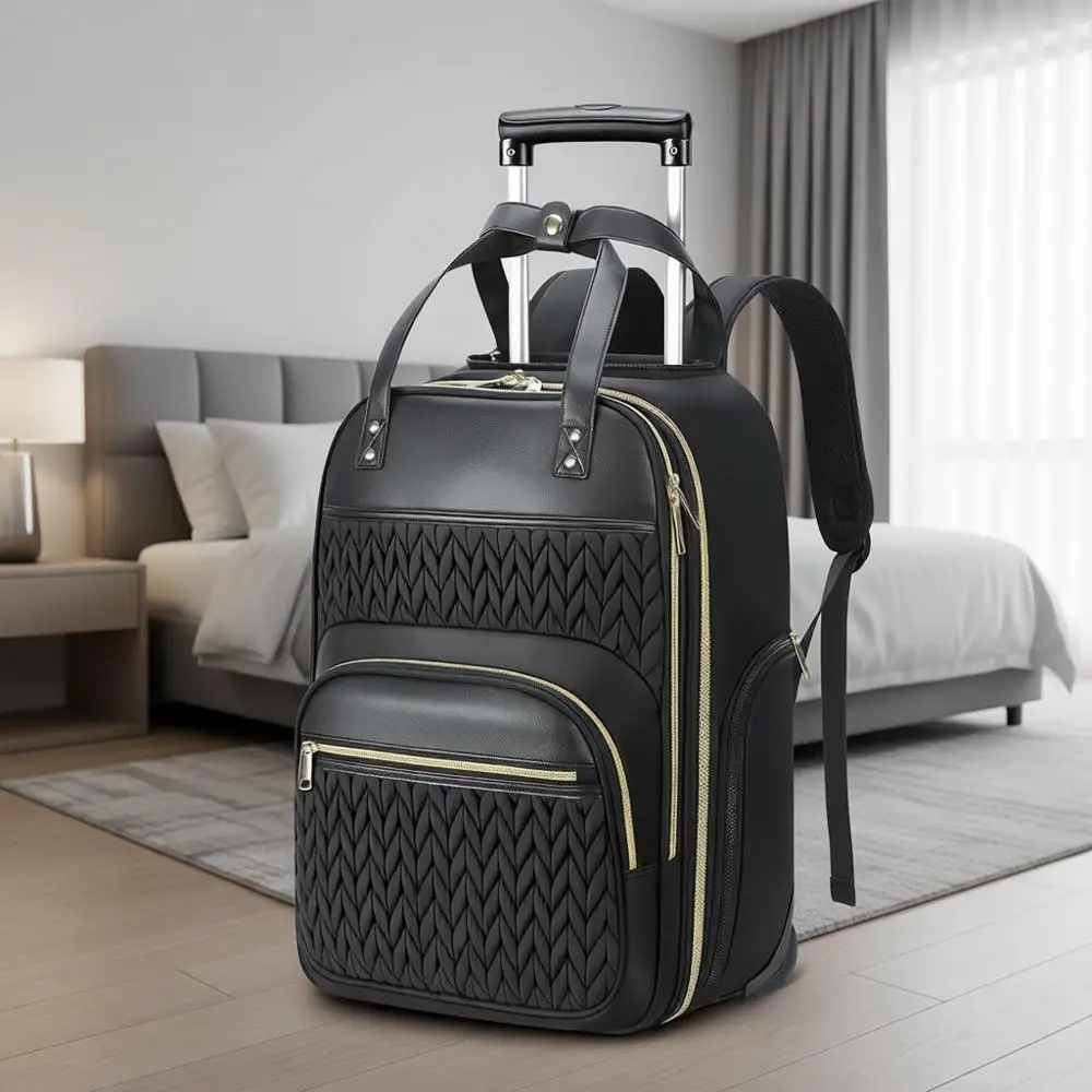 

Women's Large Rolling Travel Backpack with Wheels, Carry-On Approved, Fits 15.6 Laptop, Black