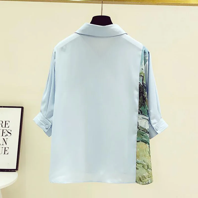 Women Button Blue Blouses 2022 Spring Summer Vintage Printing Patchwork Casual Turn-down Collar Loose Half Sleeve Chiffon Shirt