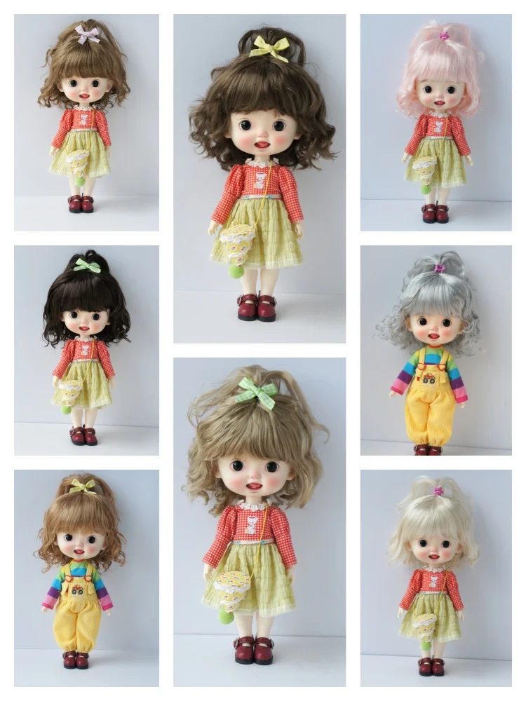 BJD Wig From 3-4inch to 11-12inch Wig Soft Hair Full Bangs Up Braid Wig Half Ponytail Short Curly Wavy Hair Fit All Inches Head